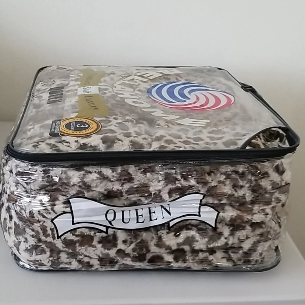 NEW! Luxe Faux Fur Leopard Queen Size Blanket Throw 3 Piece Set - Picture 8 of 8